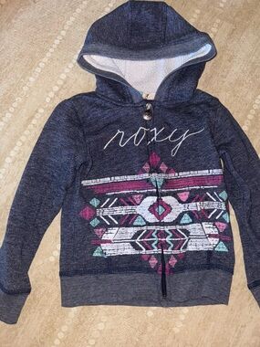 Roxy Girls Navy Heather Hoodie Pink Teal Aztec Print Zip Up Sweatshirt Size S